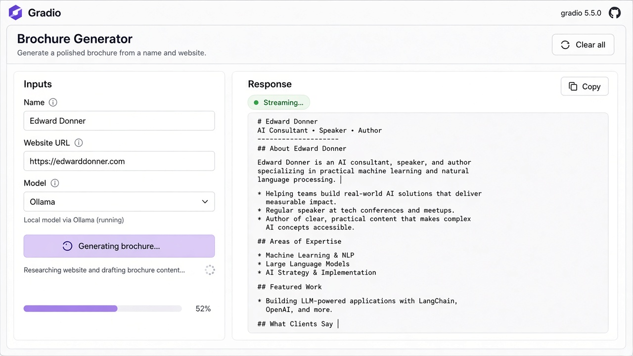 Brochure response streaming in the Gradio UI